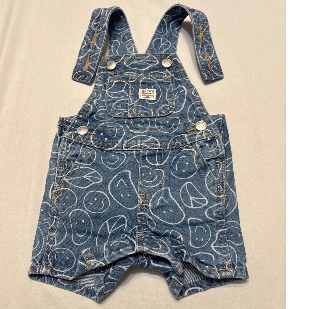 Old Navy Workwear Baby Denim Shortalls Blue Smiley Face Peace Sign 0-3M Overalls